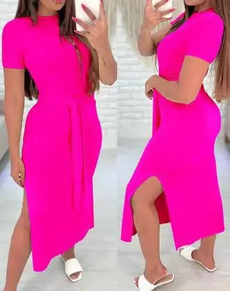 Women's Leopard Print Midi Dress with Side Slit and Tie Waist - Image 24
