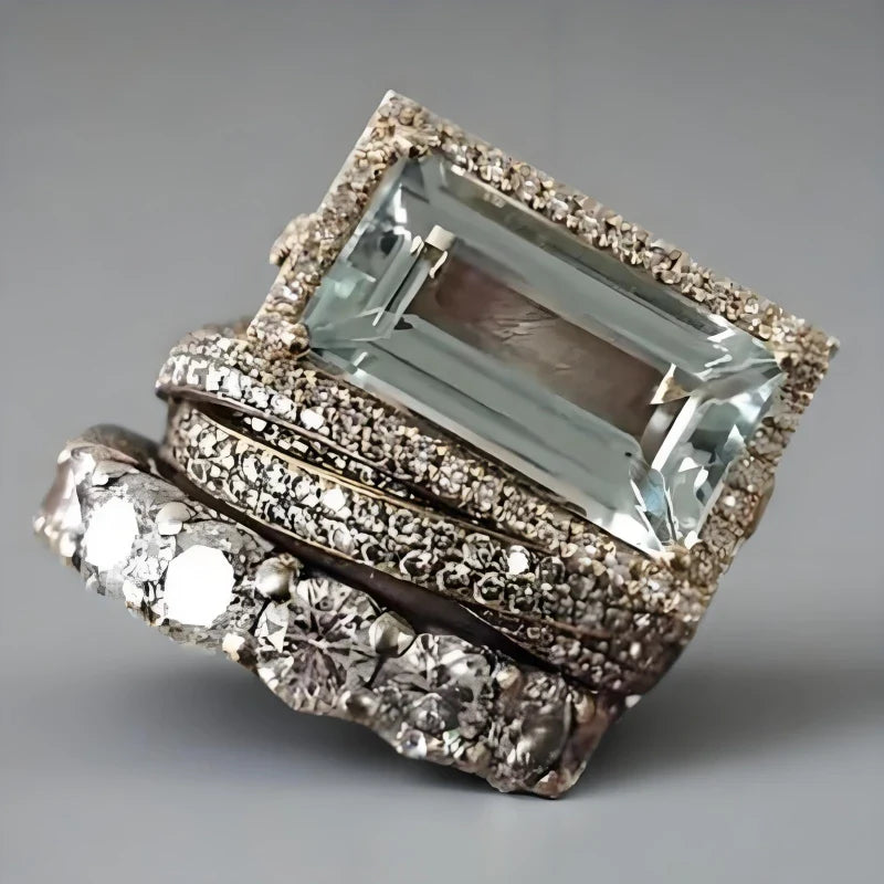 2025 New Fashion Three Piece Set Blue Square Zircon Rings For Women Party Idea Gifts Custom Jewelry