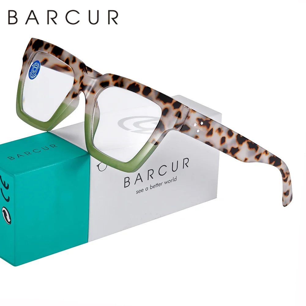 Unisex retro rectangular reading glasses in leopard print pattern with clear lenses.