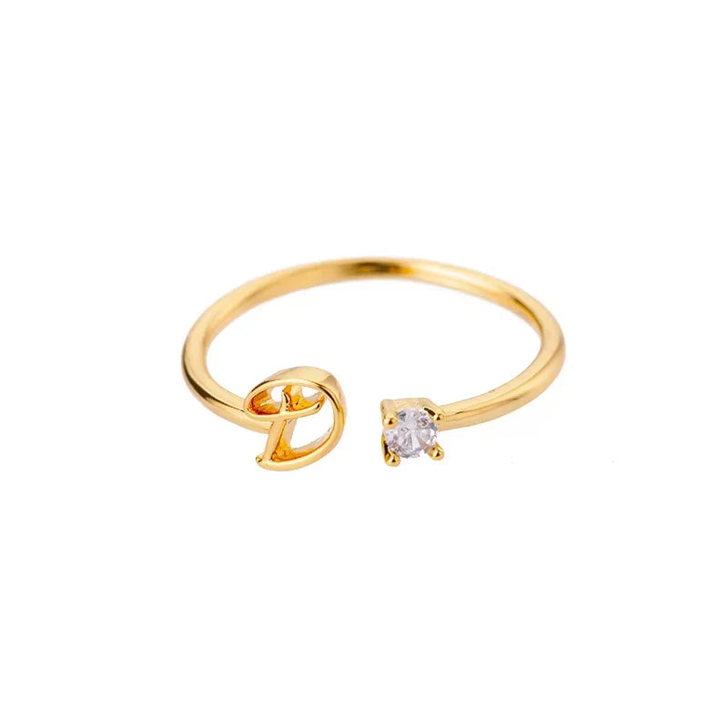 A-Z Initial Letter Open Rings for Women Stainless Steel Gold Color Zircon Adjustable Ring Trendy Couple Wedding Jewelry Gift