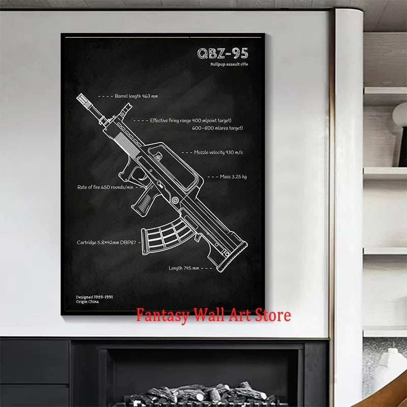 Weapons Blueprint Poster Black Board Guns Blueprint Wall Art Canvas Painting Military Enthusiast Home Room Wall Decor Gunfight