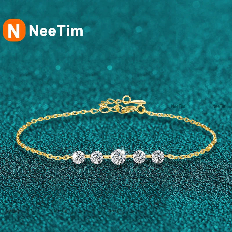 NeeTim Full Moissanite Bracelets for Women S925 Sterling Silver Lab Diamond Plated Gold Bracelet Wedding Birthday Party Jewelry