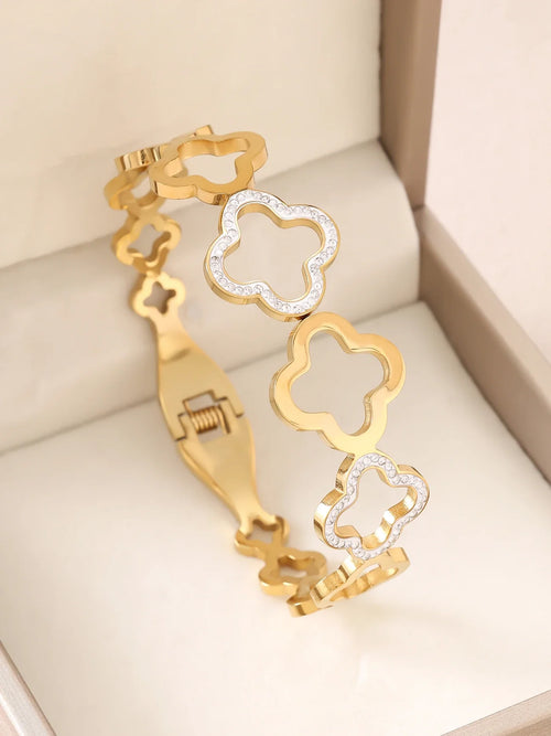 1pc 18K Gold Plated Stainless Steel Stackable Bracelet With Chain And Clover Design, Fashion Style For Women, Suitable For Casua