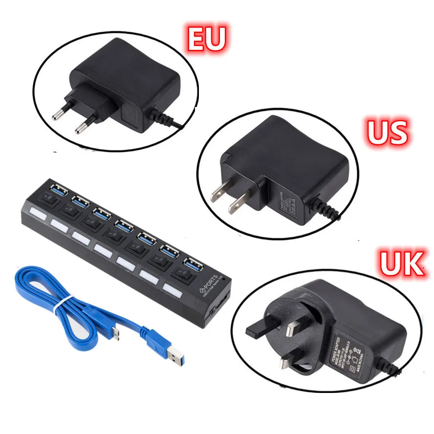 7-Port USB 3.0 Hub – Multi USB Splitter with Power Adapter