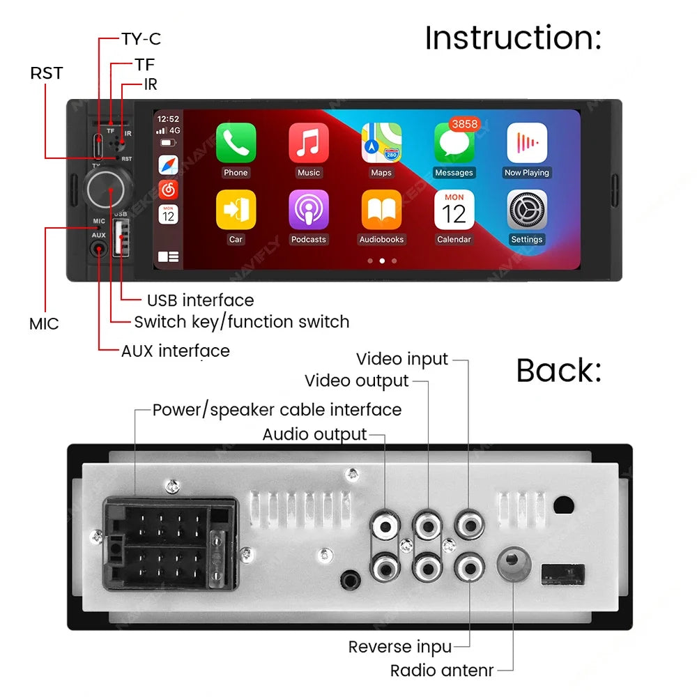 1-DIN Car Stereo with 6.86" Touch Screen – Wireless CarPlay & Android Auto