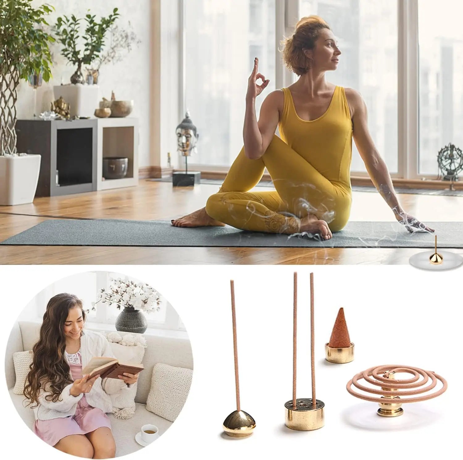3 in 1 Brass Incense Holder 3 Styles Incense Cone Incense Sticks Coil Incense Holder Incense Burner for Yoga Home Decoration