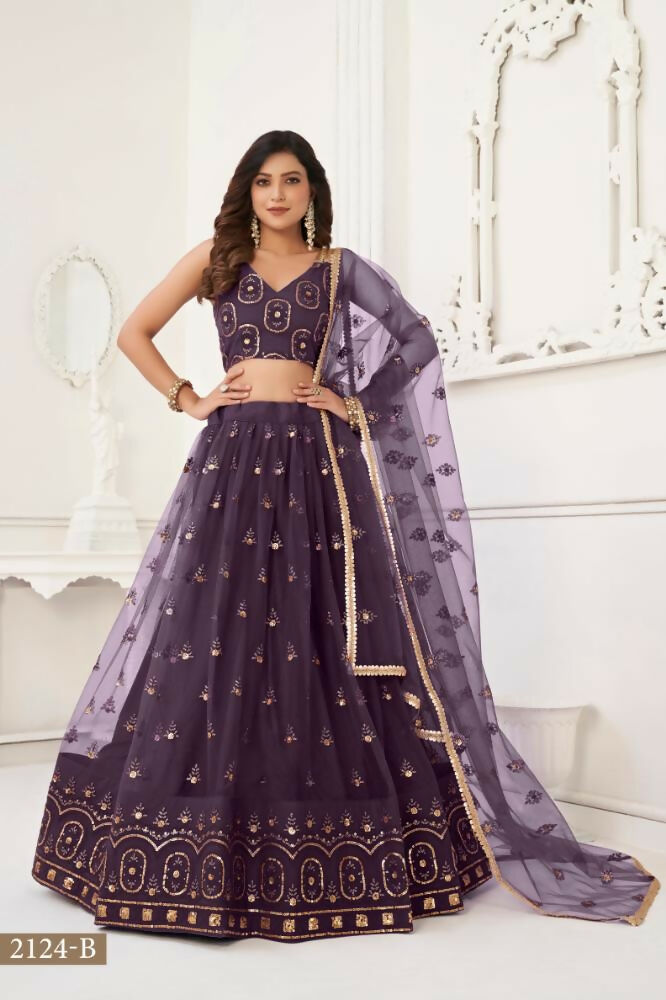 Dusty Wine Butterfly Net Lehenga with Sandwich Sequence Work