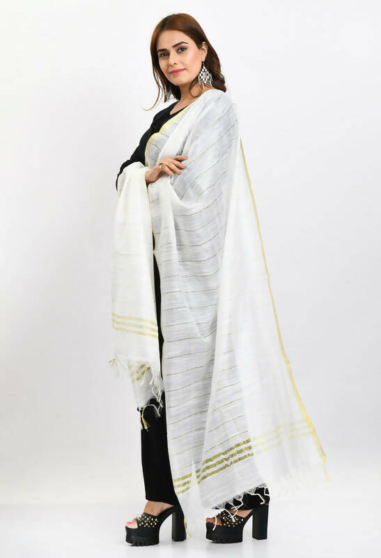 White Cotton Dupatta with Traditional Zari Box Detail