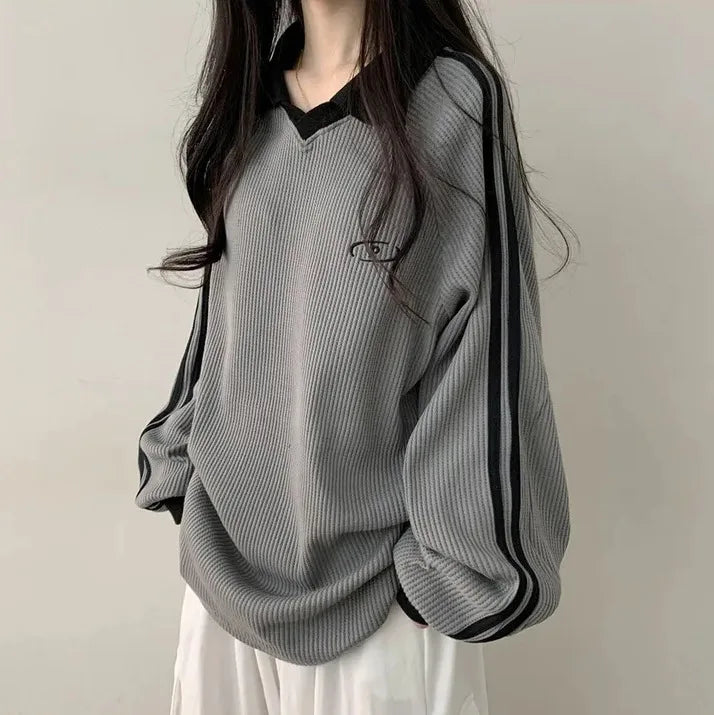 Women Long Sleeve Polo Pullover Sweater Striped Casual Top - Image 9