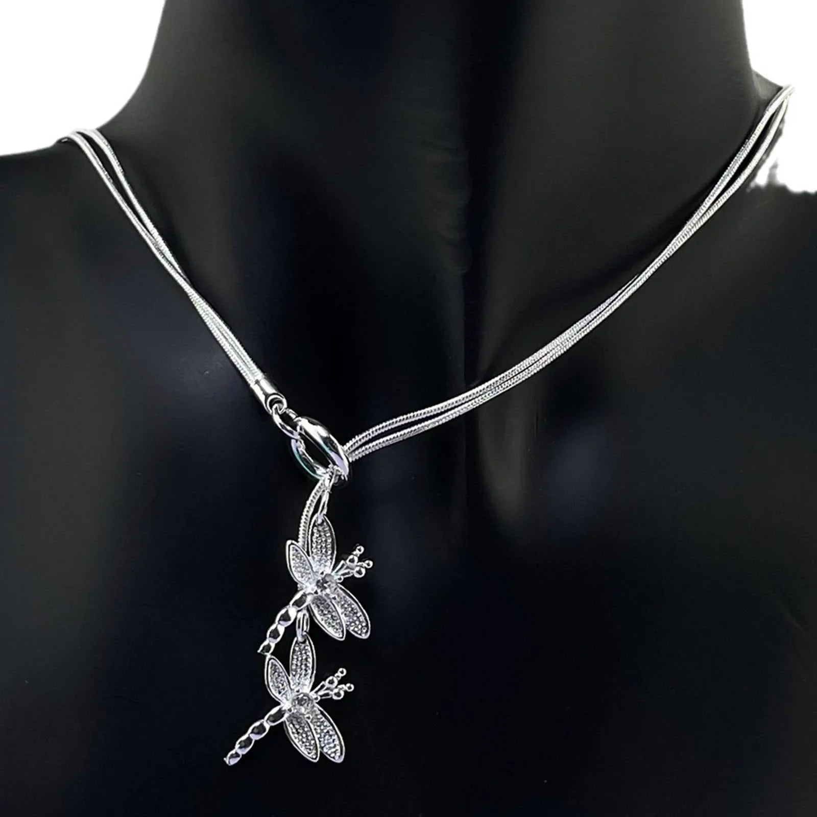 925 Sterling Silver Two Dragonfly Pendant Necklace For Women Snake Chain Necklace Wedding Engagement Jewelry
