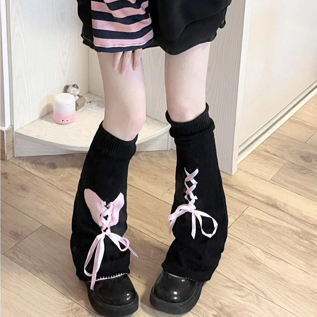 Y2K Punk Knitted Leg Warmers Black White Heart Star Argyle Style - Image 24