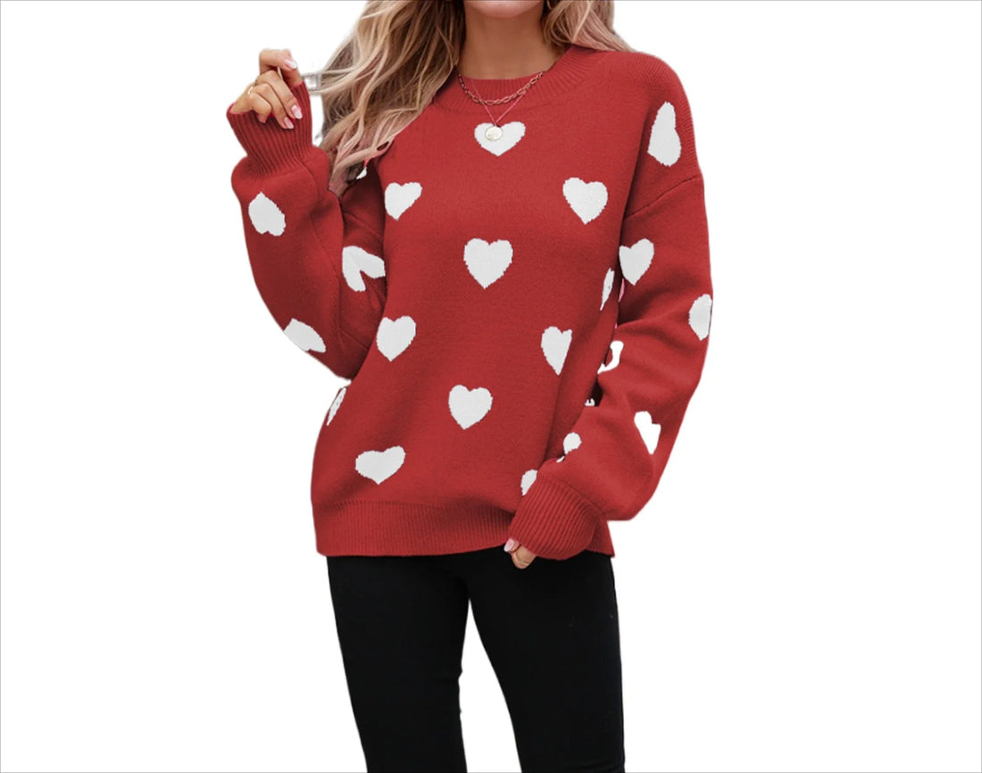 Women's Beige Red Heart Print Crew Neck Knit Pullover Sweater - Image 3