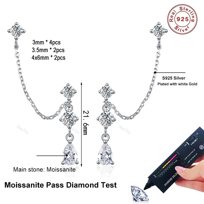NeeTim Full Moissanite Stud Chain Earrings for Women Sparkling Lab Diamond Earring 925 Sterling Silver Women's Earrings Jewelry