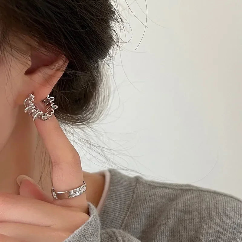 Personality Irregular Wavy Pleated Hoop Earrings for Women New Charm Gold Color Stainless Steel Dangle Jewelry Accessories Gift