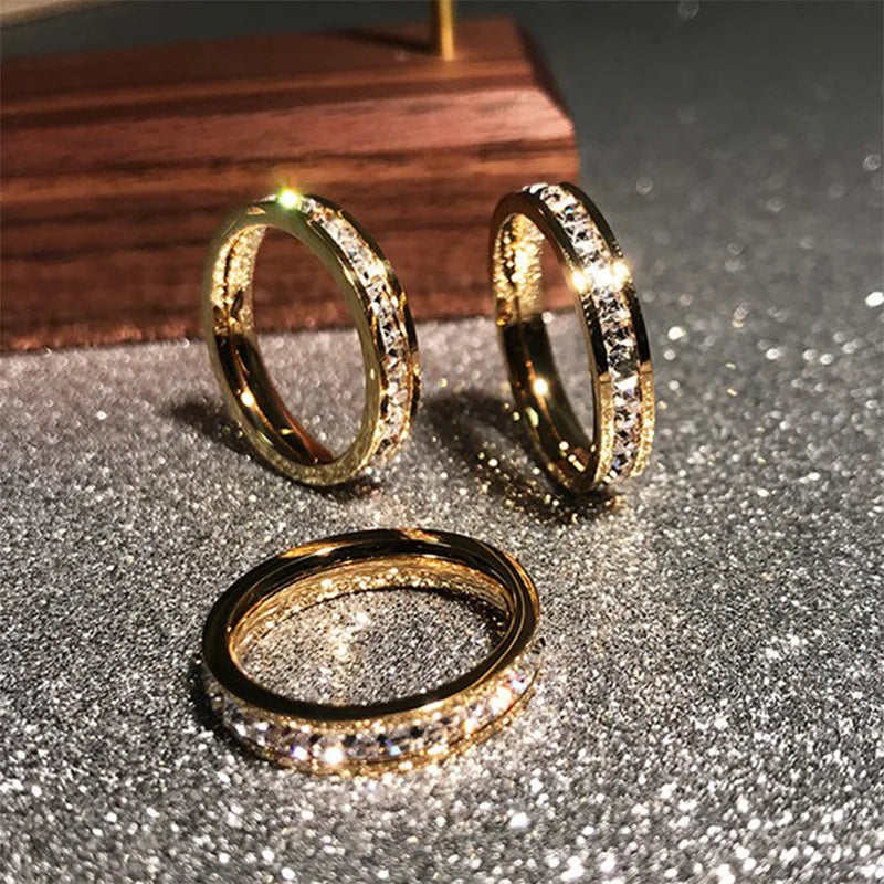 Clear White Stones Wedding Women Ring Stainless Steel 1 and 2 Rows Bling Zircon Fashion Pair Ring Female Jewelry