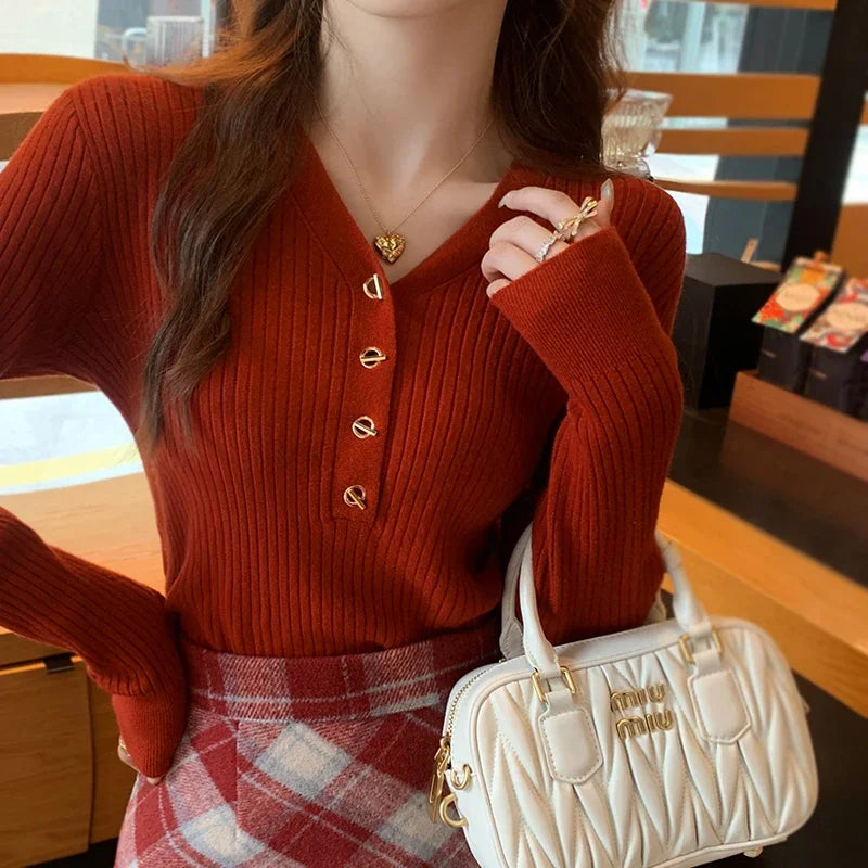 Women Beige Ribbed Button Down Long Sleeve Knitted Pullover Top - Image 35