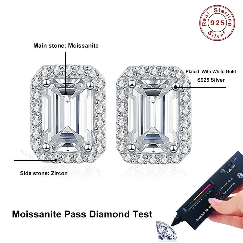 NeeTim 0.5CT 1CT 2CT Emerald Cut Moissanite Stud Earrings for Women Radiant Cut Bridal Classic Studs Jewelry S925 Silver Earring