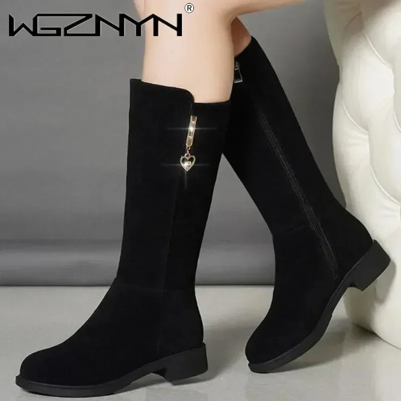 Women wearing black mid-calf boots with heart-shaped zipper charms.