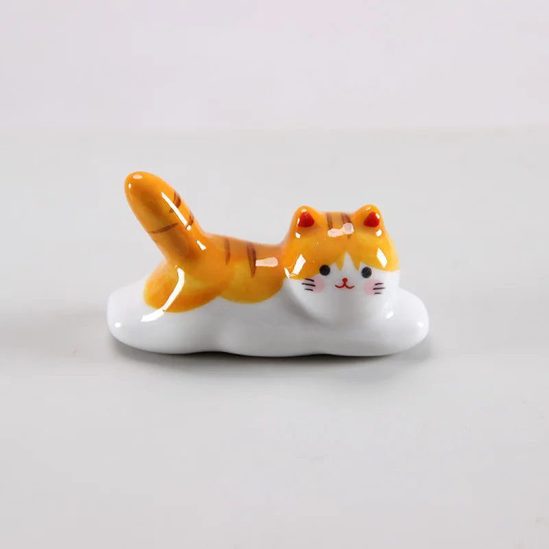 Japanese Style Underglaze Ceramic Cute Cat Chopstick Holder Tableware Restaurant Simple Oval Spoon Bracket Utensil for Kitchen