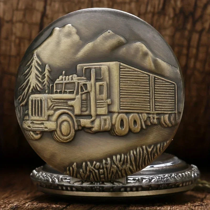 Bronze Big Truck Necklace Quartz Pocket Watch - Vintage Nostalgic Design, Perfect Holiday Gift for Teens