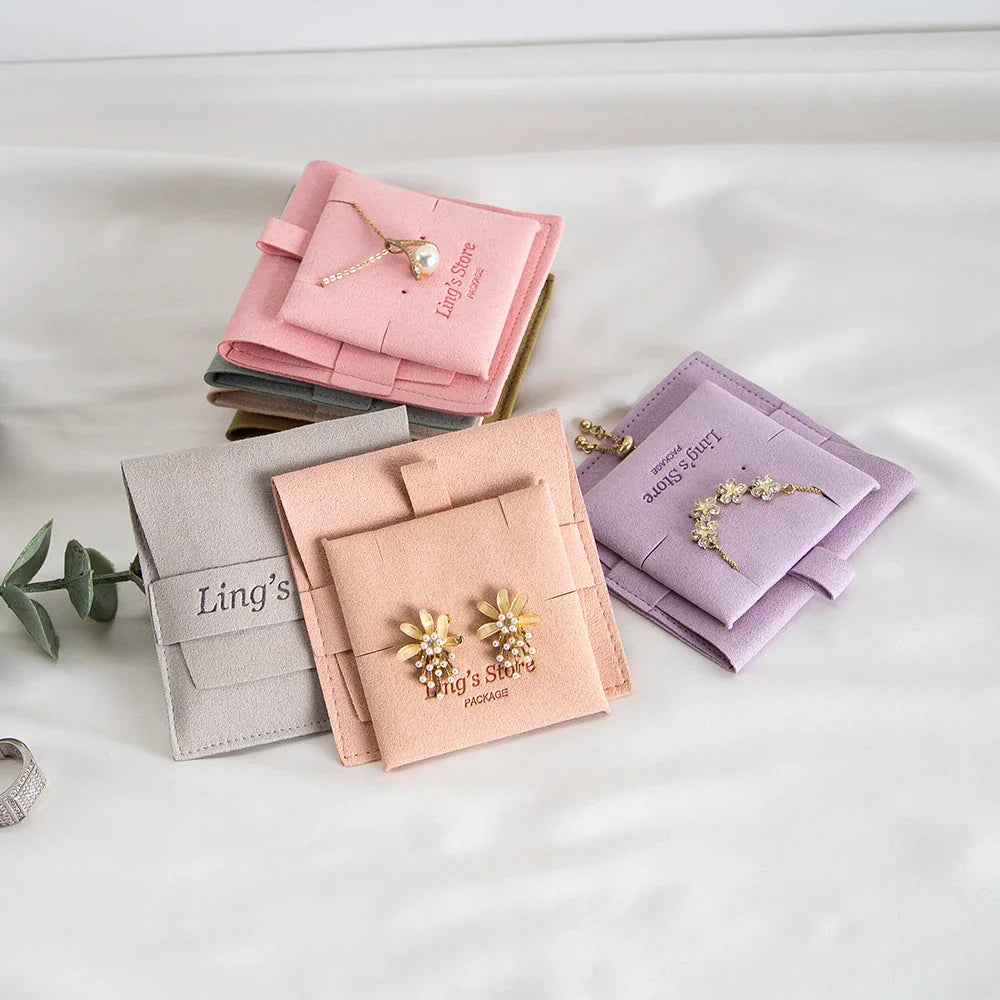 20/50/100pcs Personalized Logo Jewelry Microfiber Strip 8x8cm Bag Insert With 6x6cm Pad Card For Earrings Studs Necklace Pendant