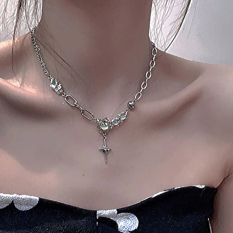 JWER Trendy Bling Moonstone Star Cross Pendant Necklace for Women Punk Hip Hop Star Chain CrystalNecklace Party Y2K Jewelry Gift