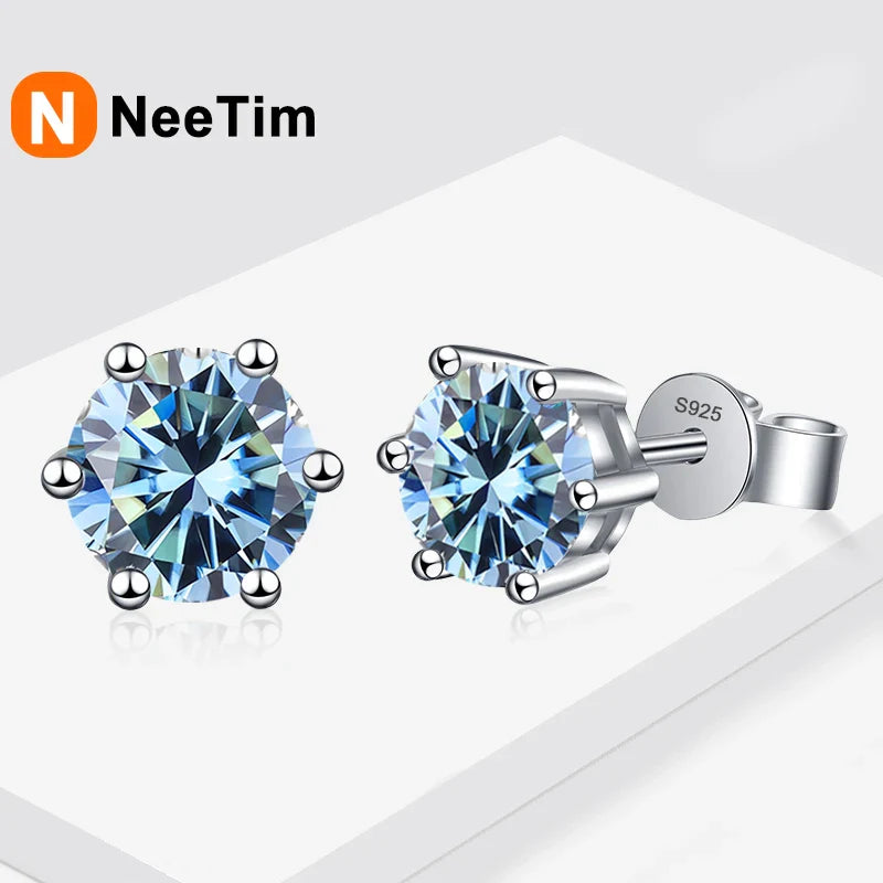 NeeTim 0.5ct 1ct 2ct Moissanite Stud Earrings for Women 925 Sterling Silver Green Pink Black Blue Grey Sparkling Studs Earring