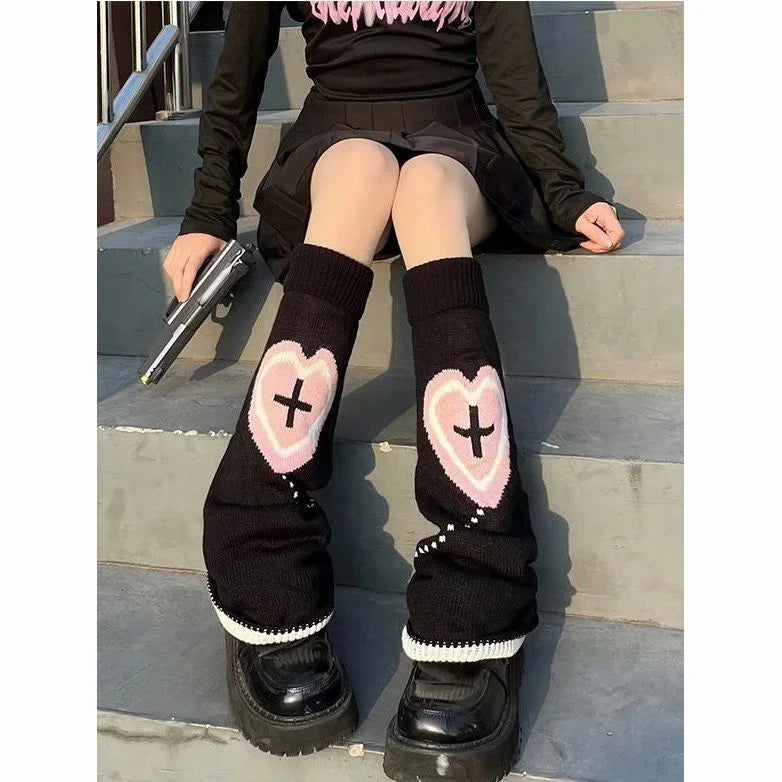 Y2K Punk Knitted Leg Warmers Black White Heart Star Argyle Style - Image 22