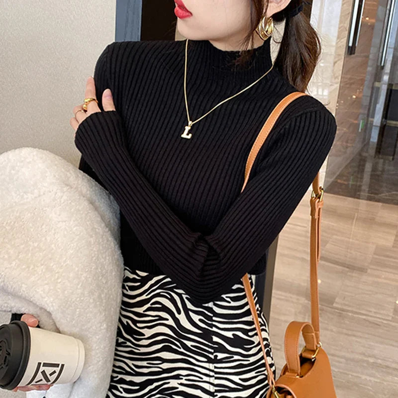 Women Mock Neck Ribbed Knit Pullover Long Sleeve Slim Fit Sweater - Image 7