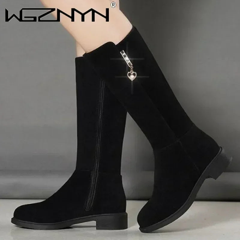 Women's Mid-Calf Suede Boots with Heart Zipper Detail - Image 5