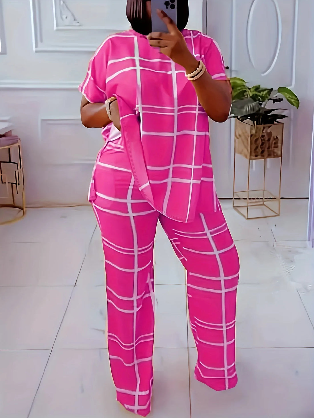 Women's Striped Grid Print Casual Two Piece Short Sleeve Set - Image 34