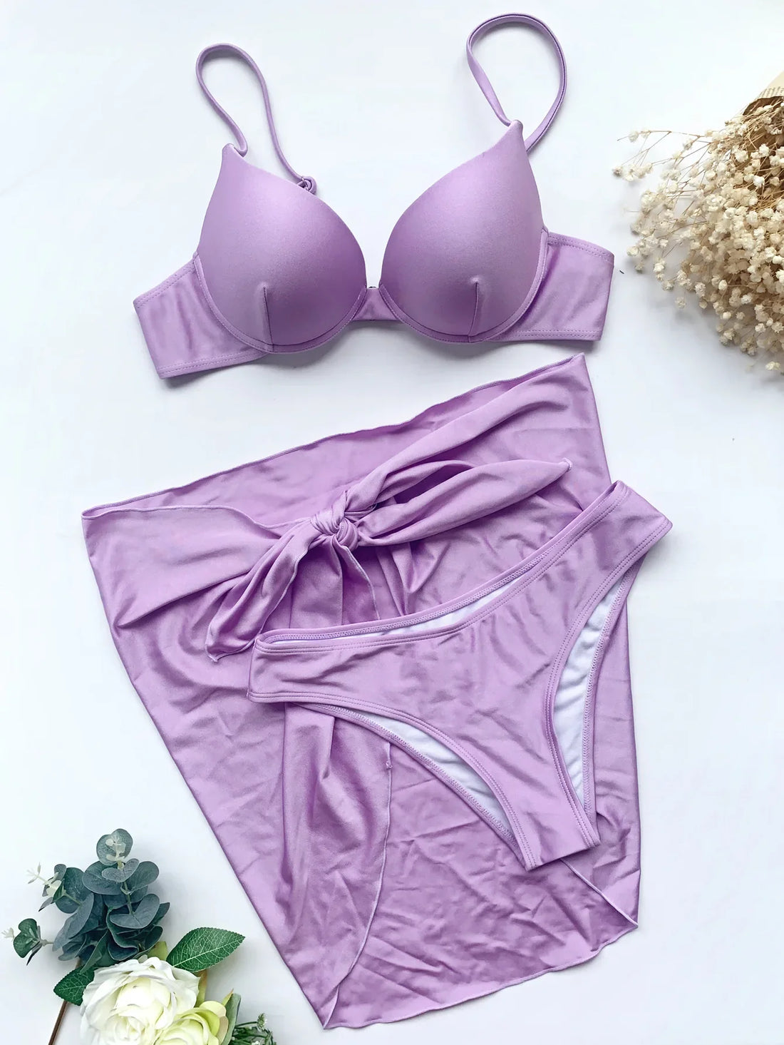 Women Solid Push Up Underwire Three Piece Bikini Swimwear Set - Image 2