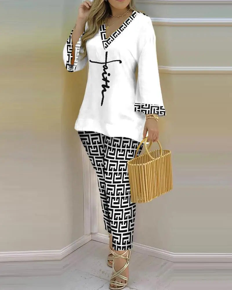 Women Printed V-Neck Long Sleeve Top and Pant Two Piece Set - Image 27