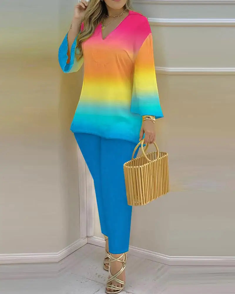 Women Printed V-Neck Long Sleeve Top and Pant Two Piece Set - Image 33