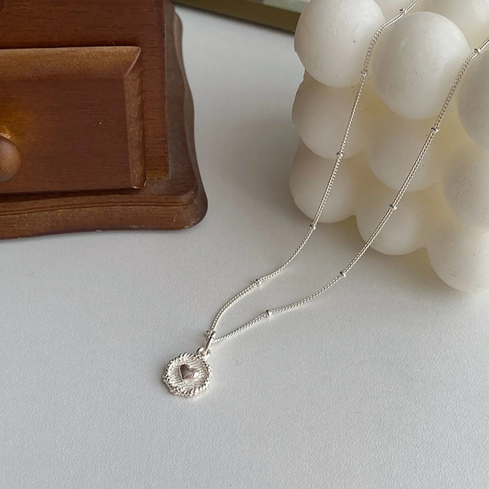 925 Sterling Love Heart Texture Bead Necklace for Women Girl Stereoscopic Design Double Sided Jewelry Gift Wholesale