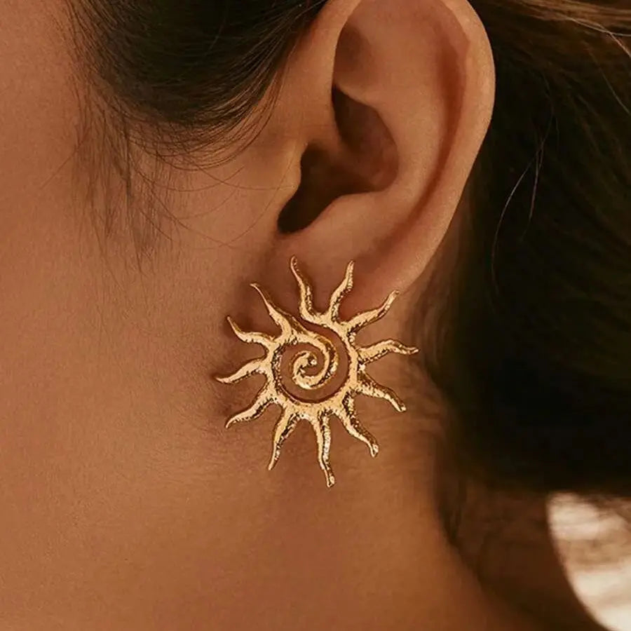 Retro Threaded Sun Earrings For Women Gold Color Stainless Steel Geometric Earrings Hip Hop Party Jewelry Birthday Gifts