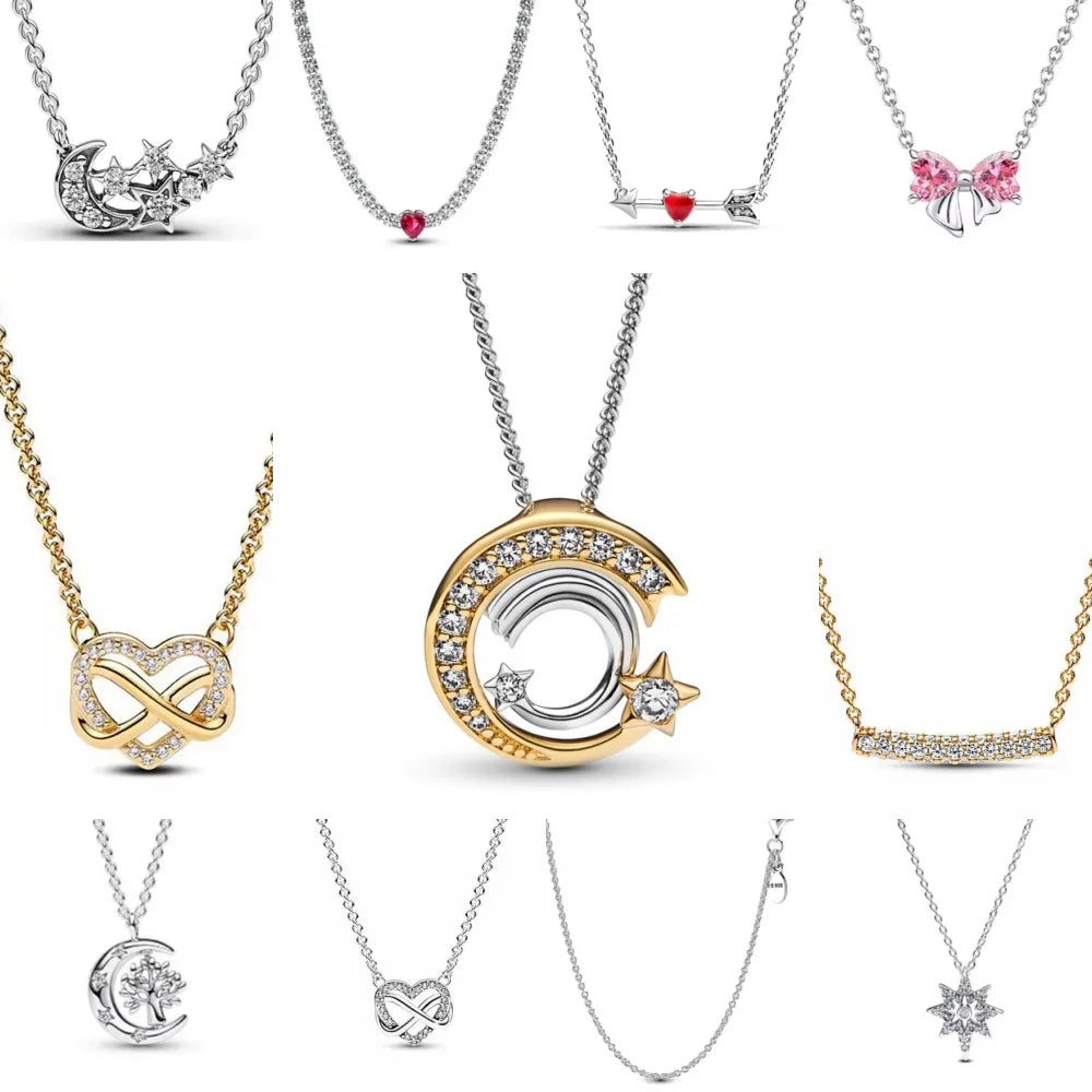 925 Sterling Silver Golden Moon Star Bow Necklace Fit Original Bracelet For Women DIY Fashion Jewelry Making