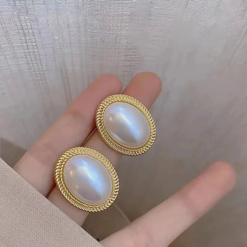 Imitation Pearl Zircon Retro Elegant Irregular Oval Square Hollow Out Earrings for Women Party Autumn Winter Jewelry
