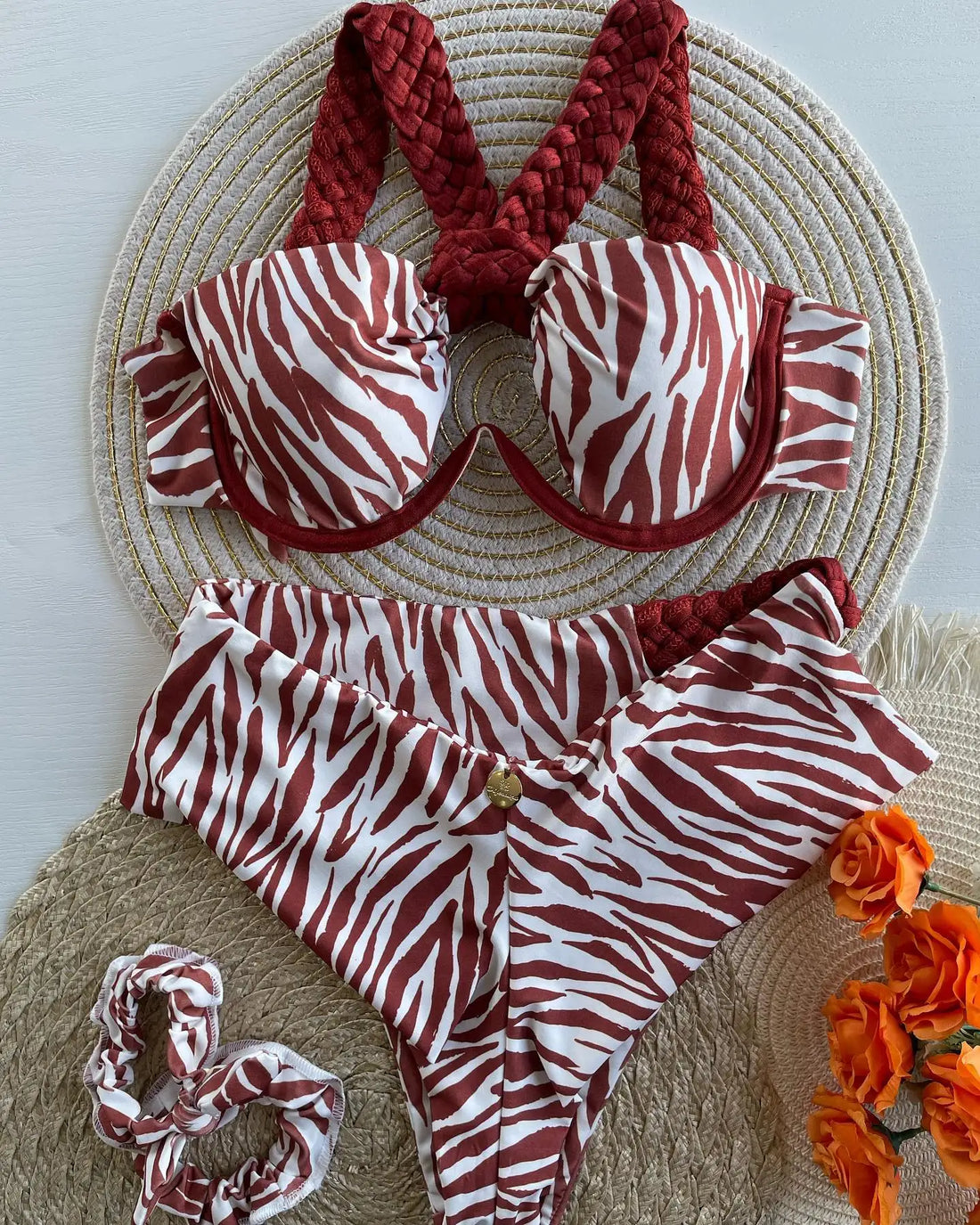 Zebra Print Underwire Bikini Set with Braided Strap Detail - Image 2
