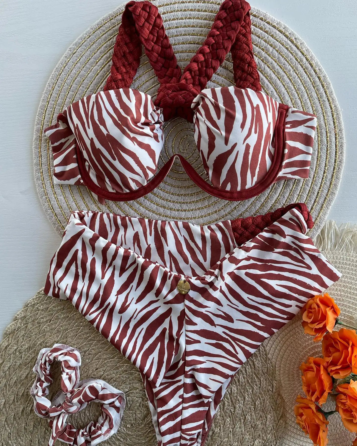 Zebra Print Underwire Bikini Set with Braided Strap Detail - Image 2