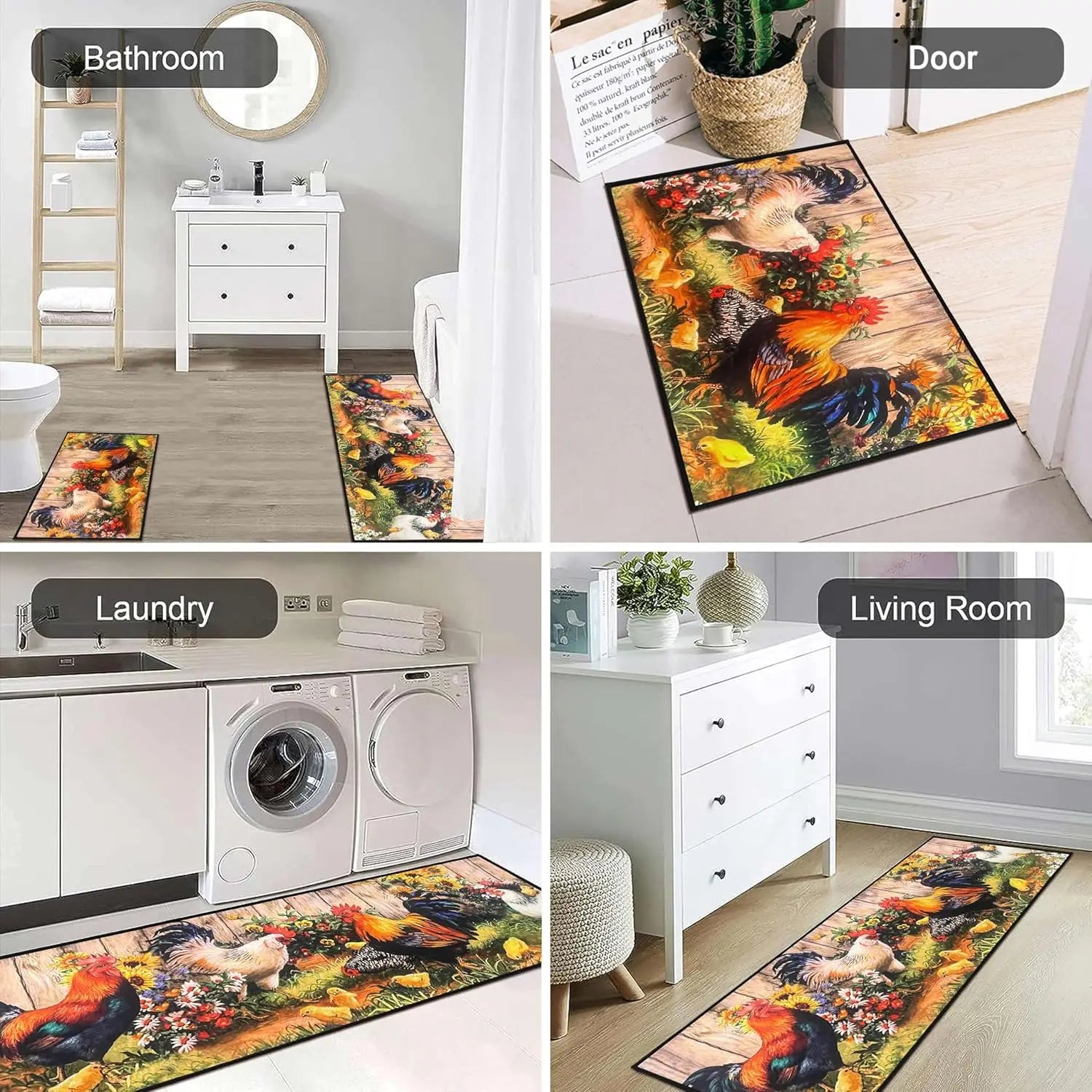VIKAMA 1/2 pcs Rooster Kitchen Rug Home Decor, Rustic Farmhouse Style Decorative Kitchen Mat, Non-slip Corridor Foot Mat