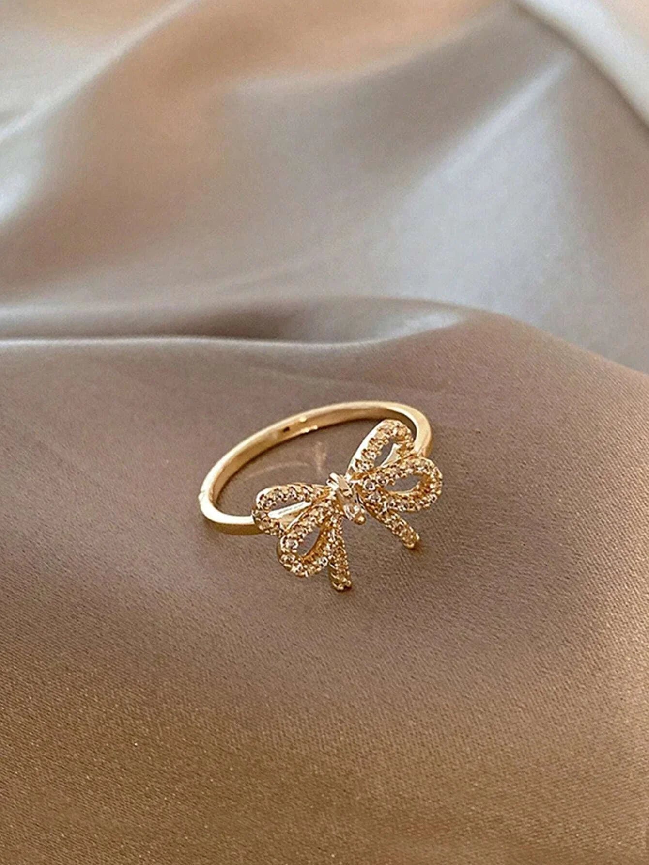 Yupsk Korean Fashion Micropaved Crystal Zirconia Bow Ring for Women Girls Exquisite Ins Trendy Minimalist Finger Rings Jewelry