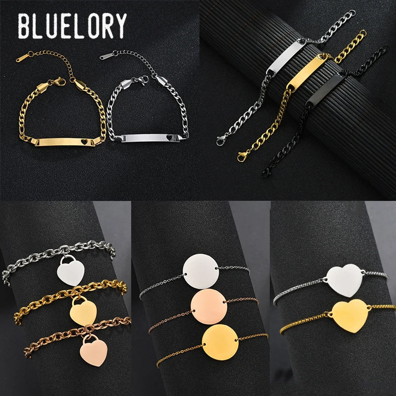 Bluelory Personalized Bracelet For Men  Women Stainless Steel Multi Styles Blank Nameplate Heart Bracelet  Party Jewelry Gift