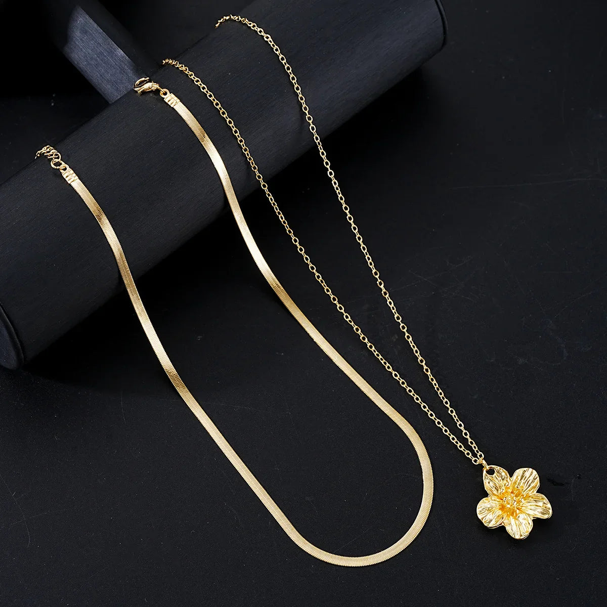 Stainless Steel Golden Flower Pendant Double layer Necklace Flat Snake Chain Lady New Waterproof Fashion Jewelry