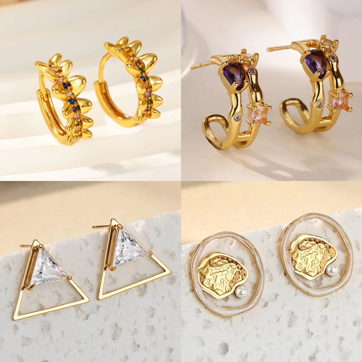 Zircon Geometric Hoop Earrings for Women Stainless Steel Gold Color Piercing Earring 2025 New Fashion Wedding Couple Jewelry