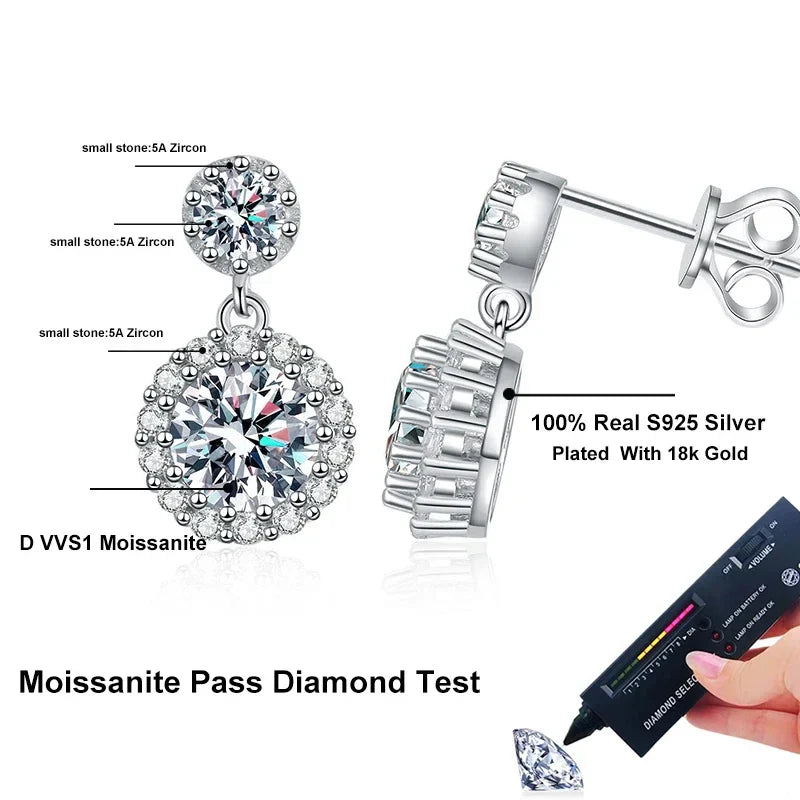 NeeTim 1ct Moissanite Earrings for Women S925 Sterling Silver 18k White Gold Plated Diamond Drop Earring Gifts with Certificate
