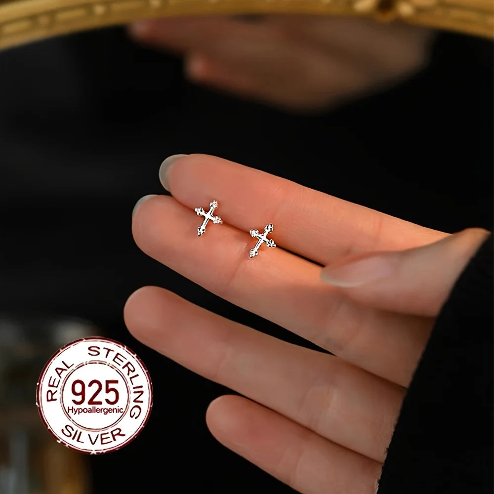 New S925 Sterling Silver Cross Earrings Fashionable Minimalist Design Hypoallergenic for Daily Wear Vacation Valentine's Day