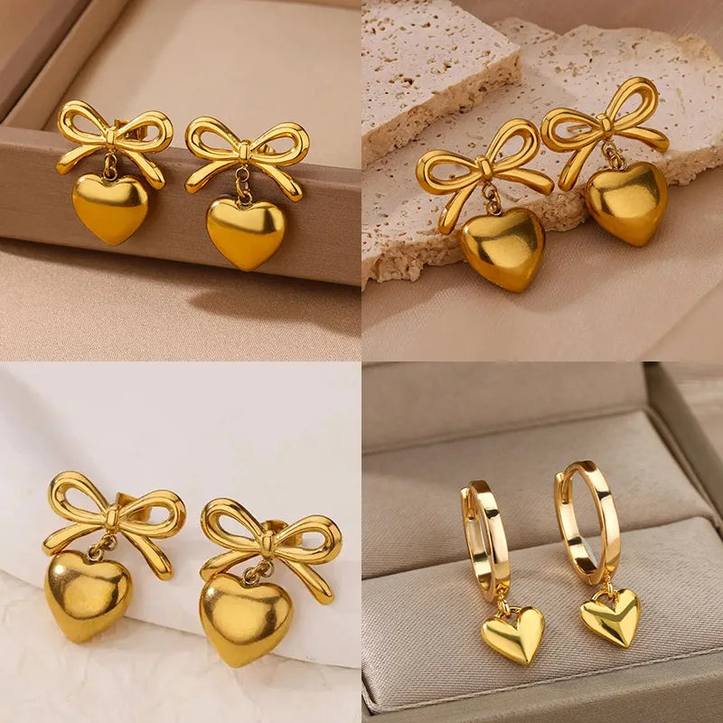Cute Bow Heart Earrings for Women Stainless Steel Gold Color Heart Stud Earrings 2024 Trend Piercing Jewelry Wedding Party Gift