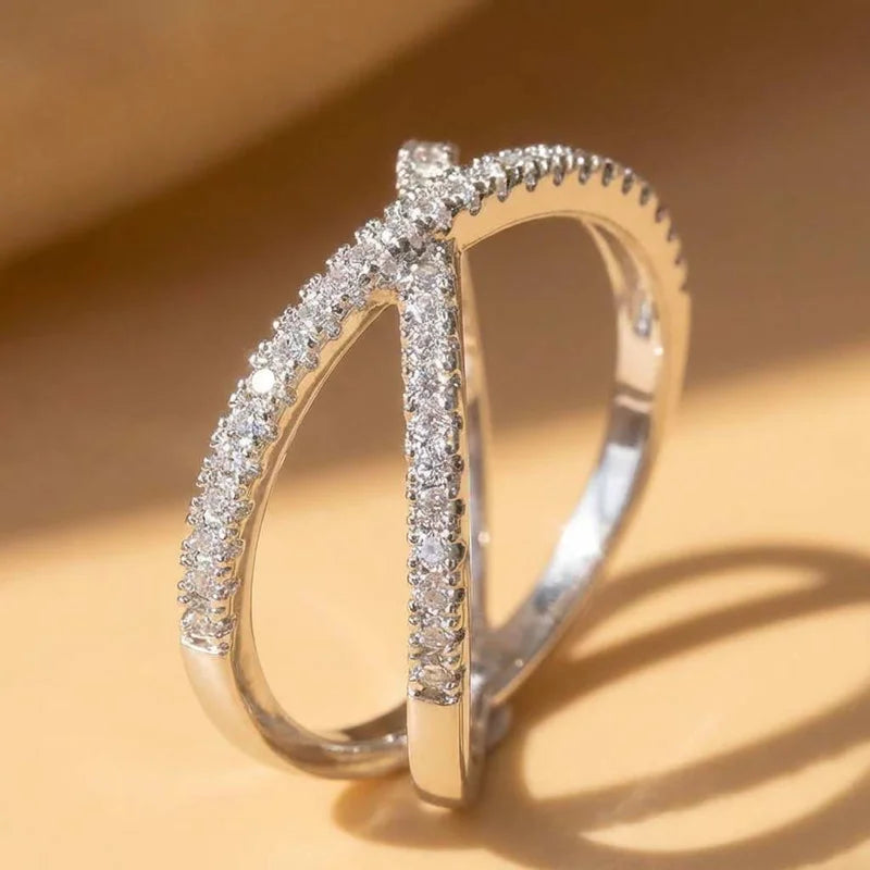 925 Sterling Silver Luxury Cross X Shape Women Engagement Ring Full Paved CZ Stone Elegant Simple Female Jewelry Ring Hot Sale