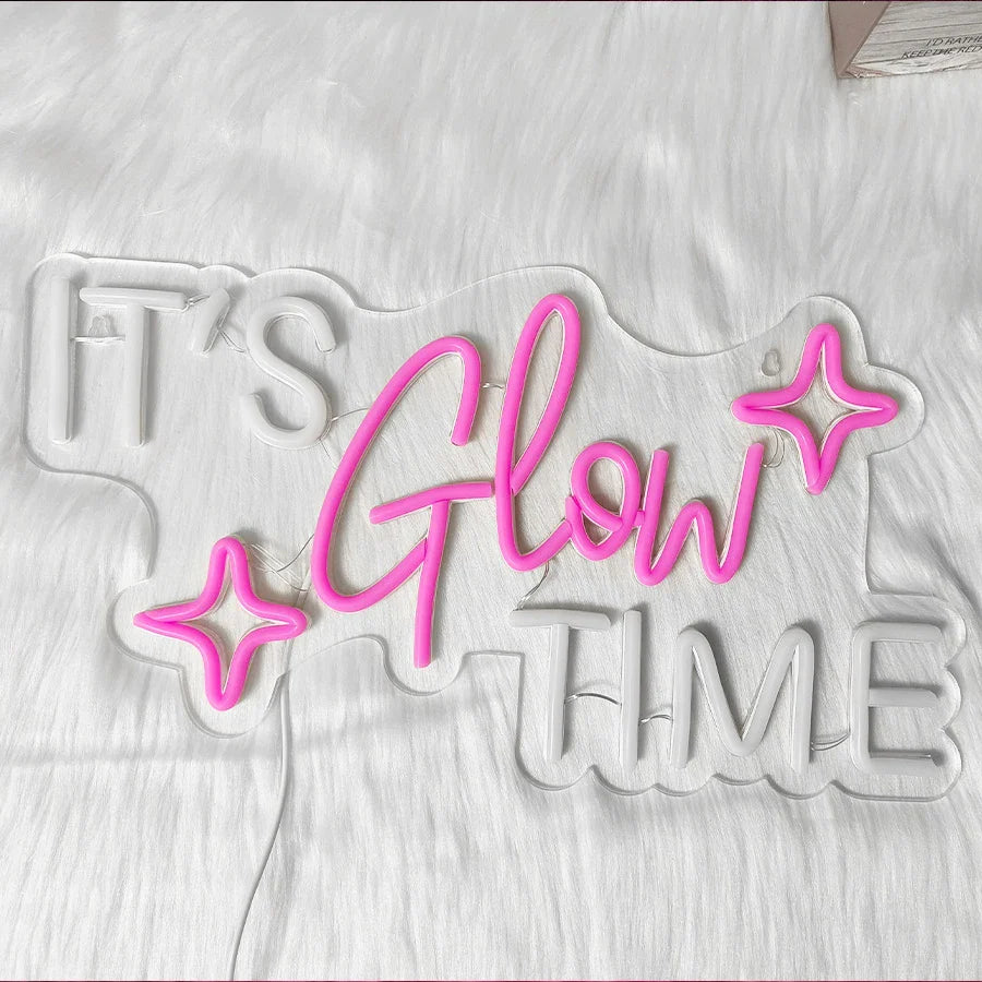 It'S Glow Time Neon Sign, Pink Heart Icon Handmade Usb Powered, Used For Bachelor Party, Beauty Salons, Nail Salons Art Decor.